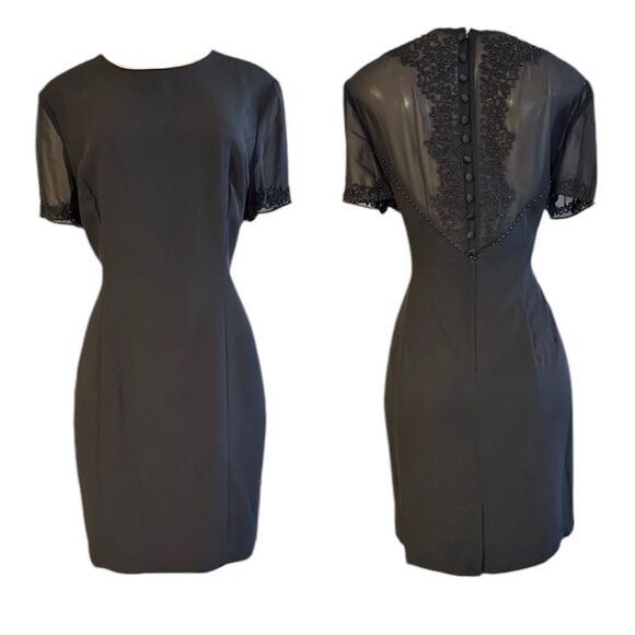 VTG DONNA MORGAN BEADED EMBROIDERED‎ SHEER MESH FITTED COCKTAIL SHEATH DRESS 12P - Picture 1 of 13